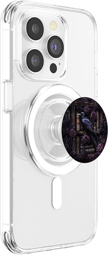 Dark Gothic Bookshelf with Raven and Moody Purple Roses PopSockets Adhesive PopGrip