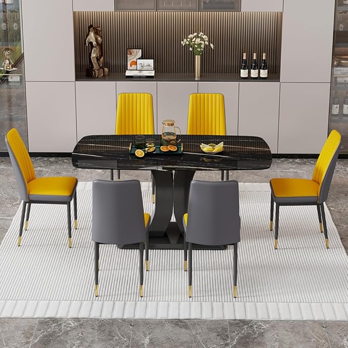 Modern Dining Table Set for 6, Marble Kitchen Table Chair Set for 6, Rectangular Kitchen Table with 6 Pu Leather Upholstered Chair for Dining Room (Black, Yellow)