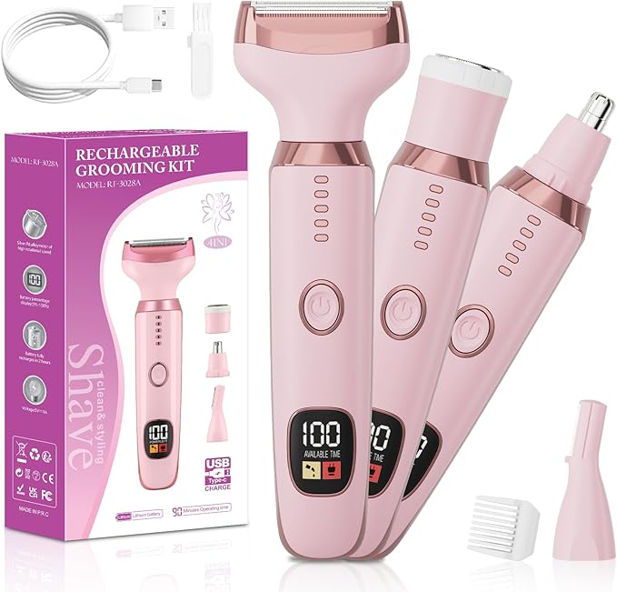 Electric Razors for Women, 4 in 1 Bikini Trimmer for Women, Wet & Dry Use Body Shaver, Nose Hair Face Eyebrow Arms Legs Armpit Underarm Pubic Area, Replaceable Lady Facial Razor Painless USB Charge