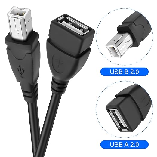 XMSJSIY USB Female to Type B Male Printer Cable USB 2.0 A to Type-B Extension Cable Connector High Speed for Printer Scanner External Desktop Hard Drives - 50CM/1.64FT 2 Pack