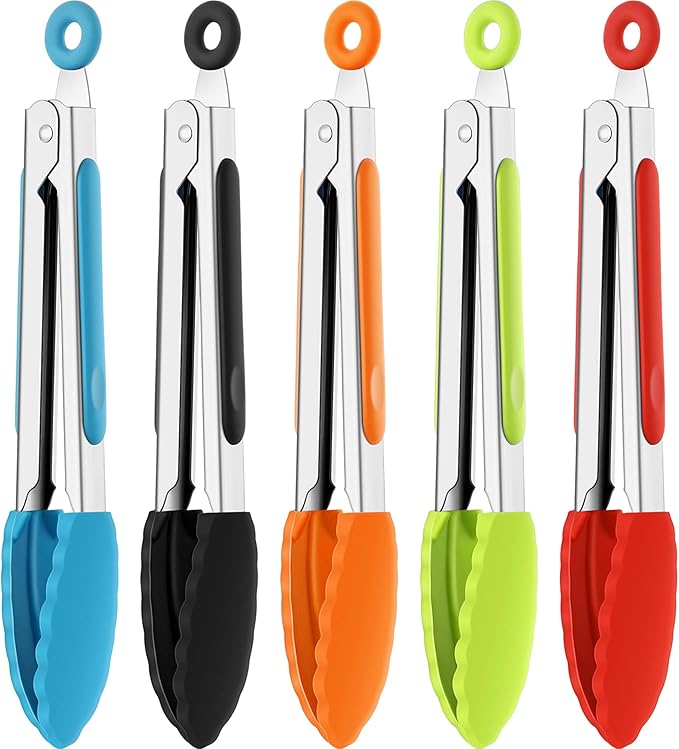 5 Pack Mini Small Tongs with Silicone Tips, 7 in