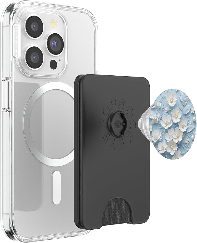 White Pearl Floral on Blue Illustration Print PopSockets PopGrip for MagSafe