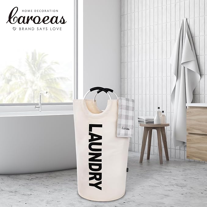 Caroeas 125L Laundry Basket,Large Laundry Hamper, Laundry Bag with Padded Handles, Clothes Hamper Stands Up Well, Collapsible Free Standing Easy Storage Washing Bin (Beige,125L)
