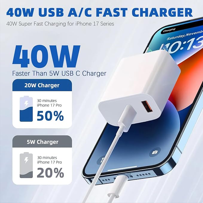 iPhone 17 16 15 Charger Fast Charging40W Dual Port A/C Phone Charger Fast Charging USB C Wall Charger Block Quick 10FT Type C Charging Cable for iPhone 17/17 Pro Max/17 Air/16 Pro/16e/15 Plus/15 Pro