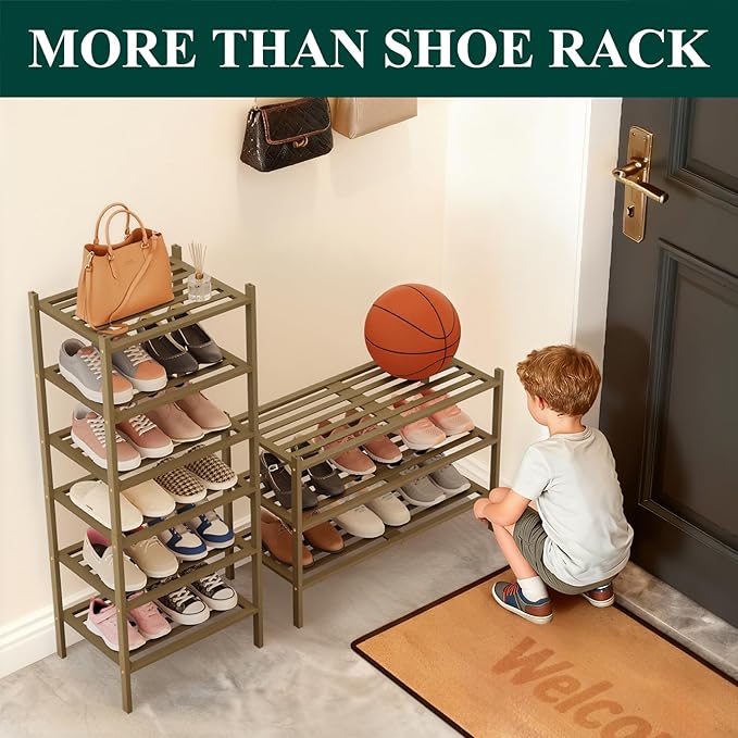 Smiry Long Bamboo Shoe Rack 4-Tier, Stackable Wooden Shoe Organizer for Entryway & Closet, Free Standing Wood Shoe Storage Shelf for Front Door & Small Spaces, Walnut