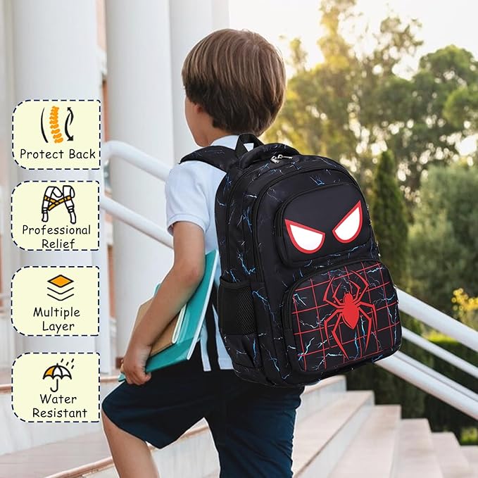 Kids Backpack Boys Spider Backpack with Lunch Box Kindergarten Elementary Middle School Toddler Bookbag for Boys Ages 4-14, Spider-Blue