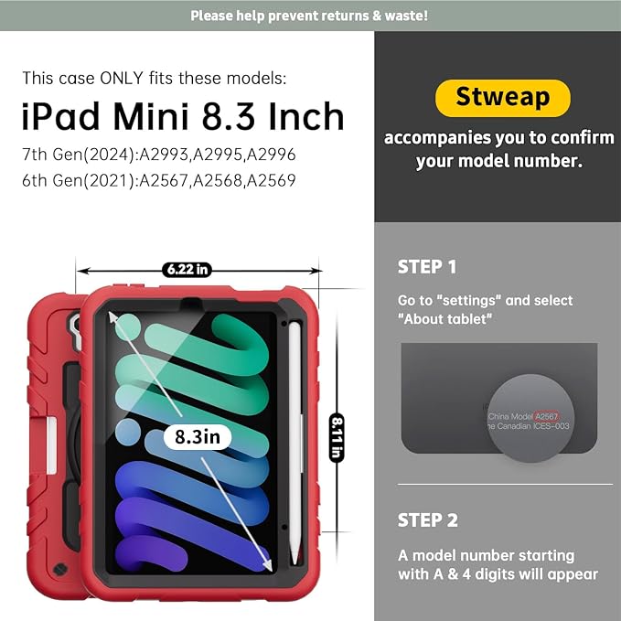 for iPad mini 7 A17 Pro/iPad mini 6 8.3 Inch Case iPad mini 7th/6th Generation Case (2024/2021) with Pencil Holder/Kickstand Hand Strap/Shoulder Strap Black