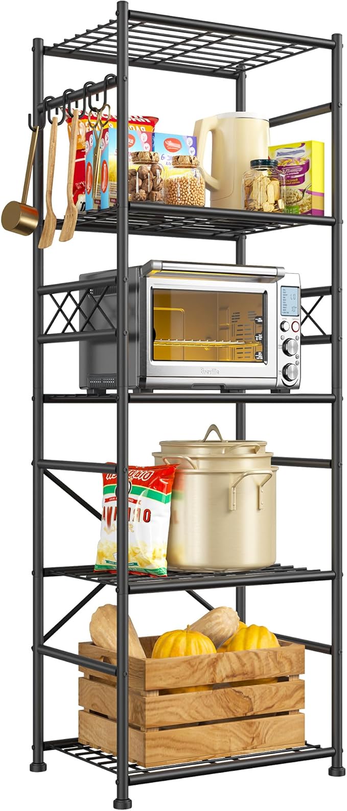 DurayLoly 5-Tier Storage Shelves,Sturdy Metal Shelving Unit with Hooks,Wobble-Free Storage Rack with Leveling Feet,Slim Standing Shelf Organizer for Garage Kitchen Pantry,17.7”W×11.8”D ×58.3”H,Black