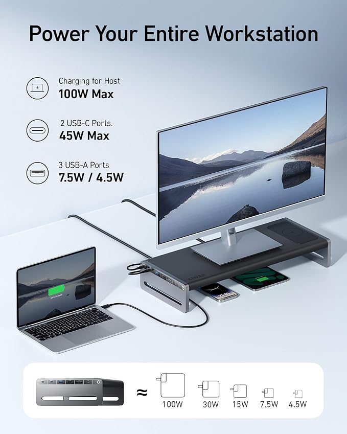 Anker 675 USB-C Docking Station (12-in-1, Monitor Stand, Wireless) with 10Gbps USB-C Ports, 4K@60Hz HDMI Display, Wireless Charging Pad, for Lenovo ThinkPad, MacBook Pro M1 / M2