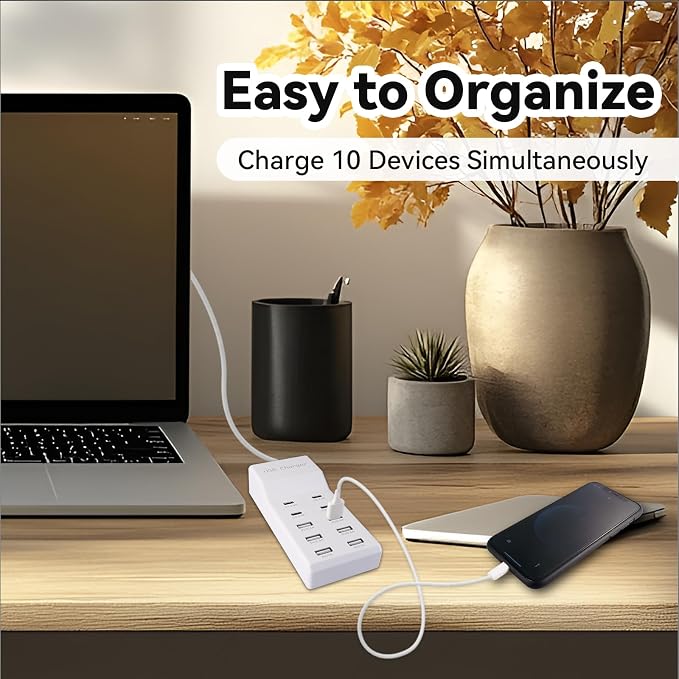 USB Charging Station with 6 USB-A and 4 USB-C Ports 50W 10A USB Charger Block for Smart Phone Tablet Laptop Multiple Devices - USB Power Strip with Auto-Detect Technology