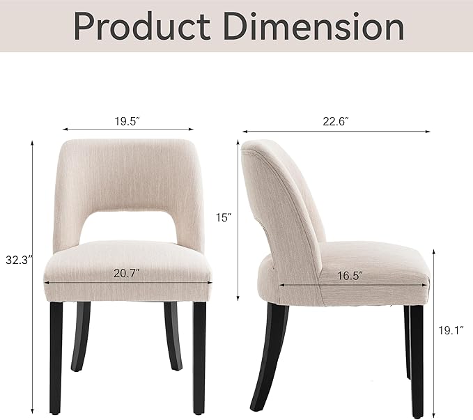 VKNOW Wooden Dining Chairs Set of 6, Modern Fabric Upholstered Dining Room Chair Kitchen Chairs, Farmhouse Dinner Chair for Kitchen Dining Room, Beige-Black Legs