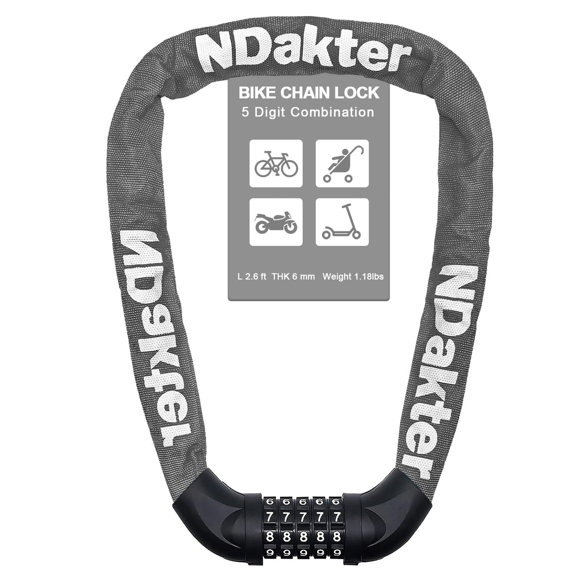 NDakter Bike Chain Lock, 5 Digit Combination Heavy Duty Anti Theft Bicycle Chain Lock,2.62/3.2/4.27/5/6Ft Long Security Resettable Bike Locks for Bike, Bicycle, Scooter, Door, Gate, Fence-4/6mm Thick