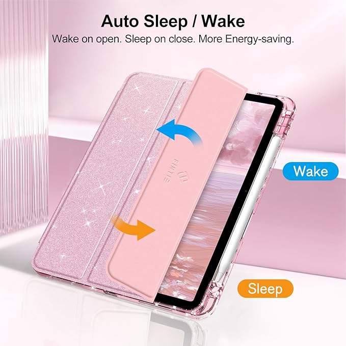 Fintie Slim Case with Pencil Holder for iPad Air 11-inch M4/M3/M2 (2026/2025/2024), iPad Air 5th (2022) / 4th Generation 10.9 Inch - Glittering Sparkly Cover with Shiny Clear Back Shell, Light Pink