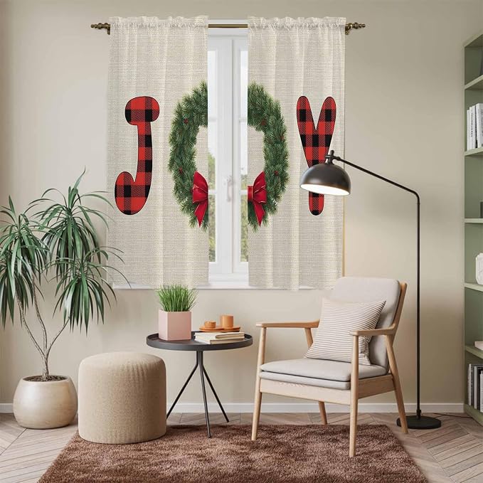 Red Green Christmas Window Curtains 63 Inch Long 2 Panel Set, Rod Pocket