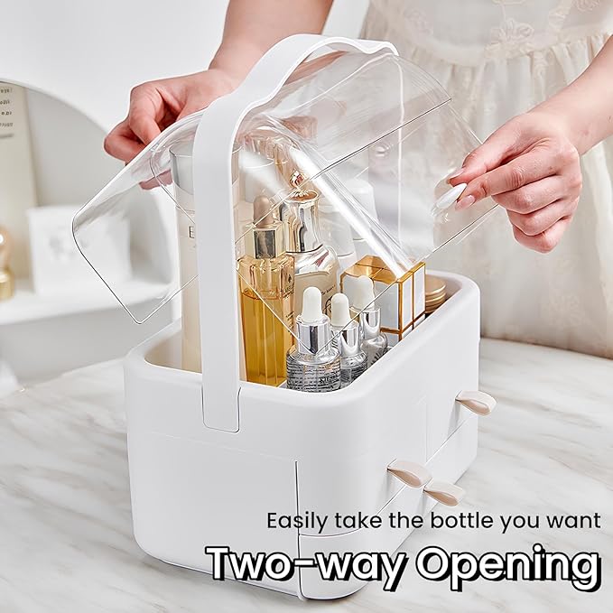 Makeup Organizer and Storage for Vanity with Lid and Drawers, Waterproof and Dustproof Portable Skincare Cosmetics Boxes, Makeup Caddy Holder for Vanity Countertop, Bathroom, Dresser-All White