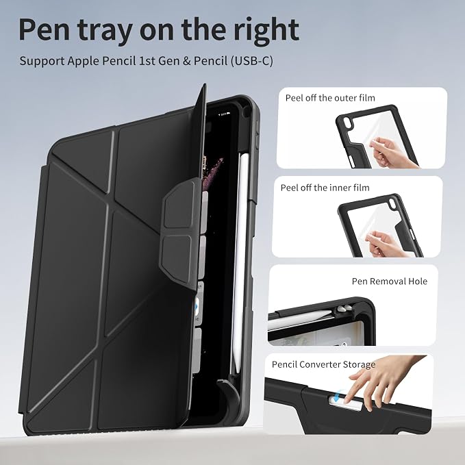 Case for iPad (A16) 11th Gen 11'' 2025/iPad 10th Gen 10.9'' 2022 | Shockproof Protective Cover with Pencil Holder Multi-Angle Stand Clear Back Support Touch ID &amp Auto Sleep/Wake (Black)
