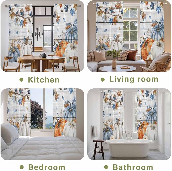 Thanksgiving Pumpkin Window Curtains 72 Inch Long 2 Panel Set, Rod Pocket Long