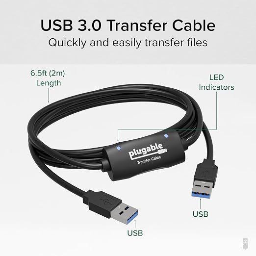 Plugable USB Transfer Cable Unlimited Use Transfer Data Between 2 Windows PC's Compatible with Windows 11 10 7 XP Bravura Easy Computer Sync Software Included