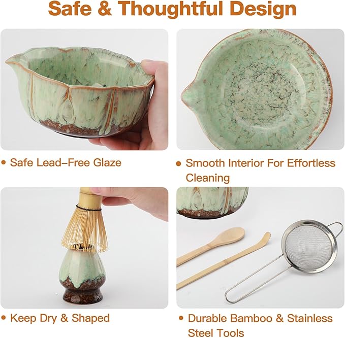 VENSEEN Matcha Whisk Set, 8 Pcs Matcha Kit with Bowl and Whisk Holder, Ceramic Japanese Complete Macha Starter Kit for Beginners, Gift for Macha Lovers (Green)