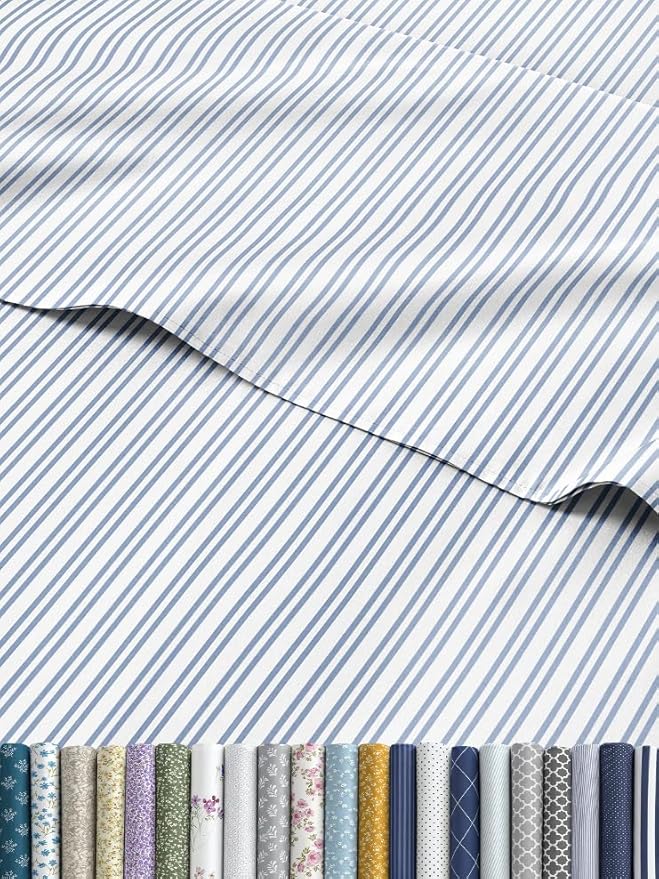 Blue and White Striped Sheets - 1 Flat & 1 Fitted Sheet & 1 Pillowcase w/ Deep Pockets - Comfy, Wrinkle & Fade Resistant - Ultra-Soft, Breathable & Cooling - Luxury Pinstripe Bedding - Twin Size