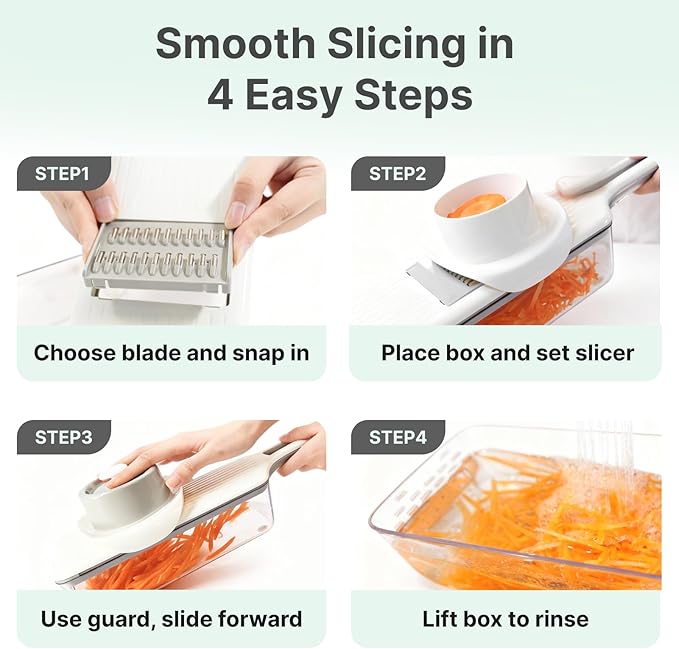 ZKIRON Mandoline Slicer for Kitchen with Drain Box, 6-in-1 Handheld Vegetable Slicer with Safety Hand Guard, Potato Slicer Cucumber Julienne Shredder Grater, Compact Salad Prep (Gray)