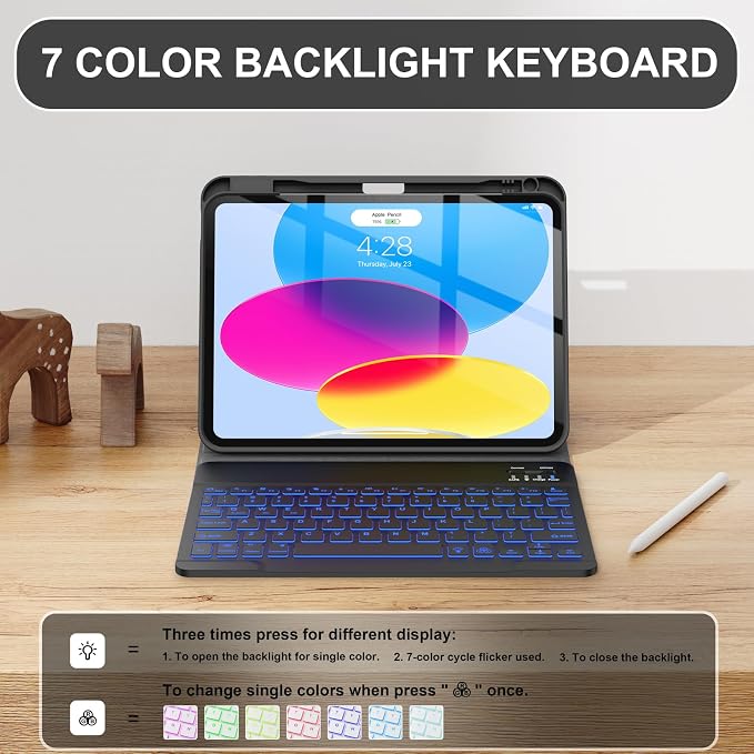 Soke for iPad (A16) 11th/10th Gen Case with Keyboard Black Marble | For iPad 11/10.9 inch(2025/2022) 7 Color Backlight Magnetic wireless Detachable Keyboard Case Built-in Pencil Holder