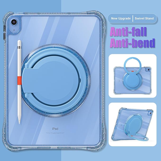 MEEgoodo Case for iPad A16 11th Generation 11 inch 2025 Cover for iPad 10th Generation 2022 Glitter Tablet Cases with Soft TPU &amp Transparent PC &amp Rotating Stand for Kids Light Blue