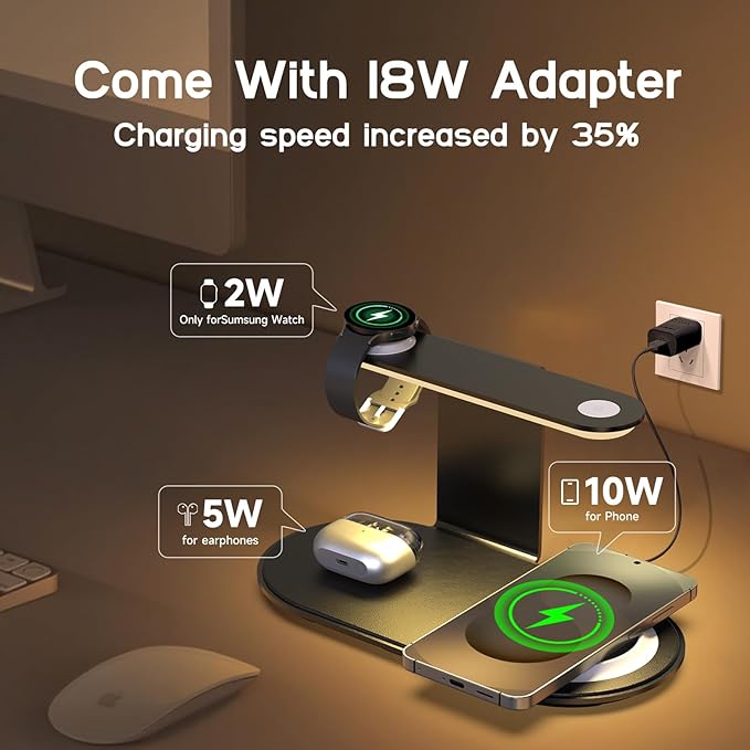 Aluminum 4-in-1 Charging Station for Samsung/Android with 3-Level Night Light, 18W Wireless Charger for Galaxy S25 Ultra/S24/S23/S22/Note 20,Galaxy Watch Ultra/8/7,Galaxy Buds 3 Pro(Black)