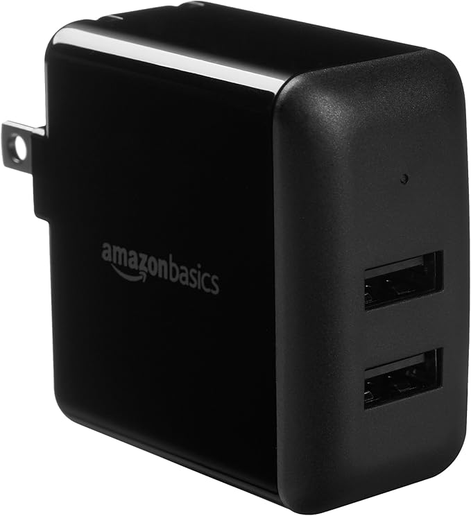 Amazon Basics 24W Two-Port USB-A Wall Charger for Multiple Devices Space-Saving Design 12W 2.4A per Port for iPhone 16/15/14/13/12/11/X Samsung and More Black