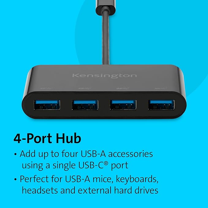 Kensington CH1200 USB-C 10Gbps 4-Port Hub, USB Type C to USB Adapter with 4 USB 3.0, Compatible with Thunderbolt 4, Thunderbolt 3, USB4 and USB-C Devices (K33616WW)