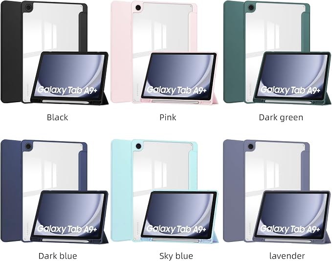 Tablet Case for Samsung Galaxy TAB A9+/A9 Plus with S Pen Holder 360° Swiveling Stand Shockproof Cover with Clear Transparent Back Shell Auto Wake/Sleep (Black Galaxy Tab A9 Plus)