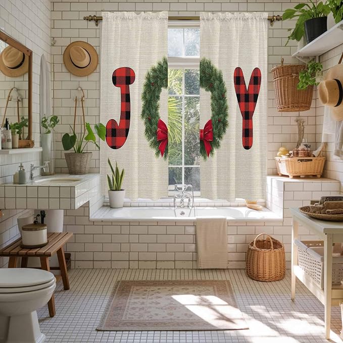 Red Green Christmas Window Curtains 63 Inch Long 2 Panel Set, Rod Pocket