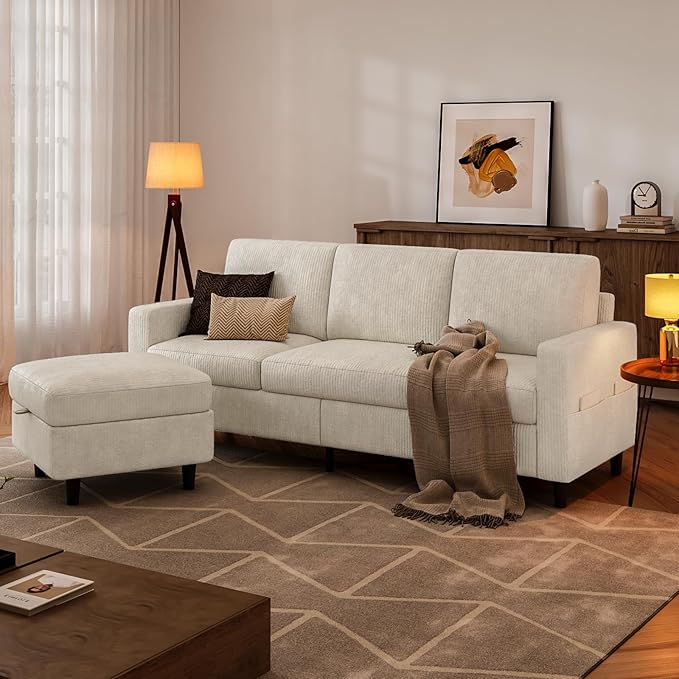 Sectional Couches for Living Room, L Shaped Couch with Storage Ottoman, Small Sofa Corduroy Couch with Side Pockets, Modern 3 Seater Convertible Sofa for Apartment, Office, Beige