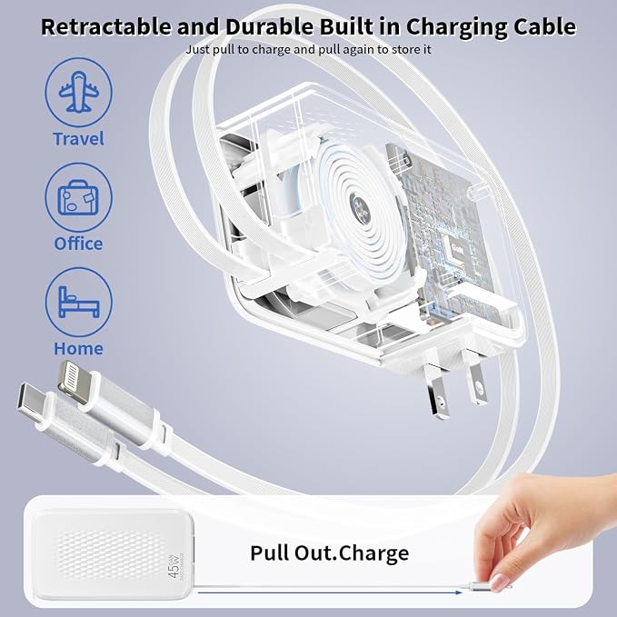 Retractable iPhone Charger45W 4 in 1 Retractable Phone Charger Wall Plug with USB C and Lightning Cable Fast Charging Block with Dual Port(USB C+USB A) for iPhone 17/Air/16/15/14/13iPadGalaxy S26