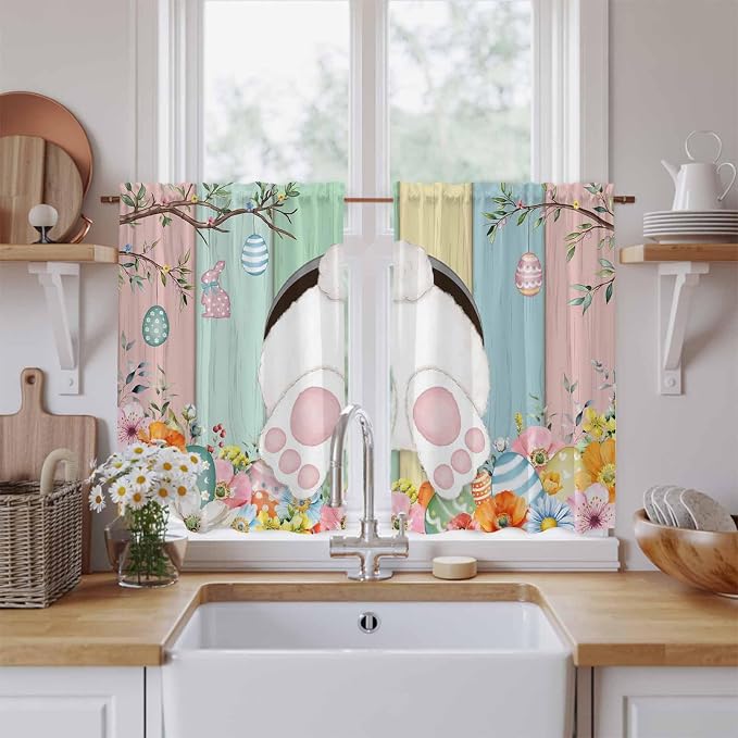Easter Kitchen Curtains 54 Inch Long 2 Panel Set, Rod Pocket Window Curtains