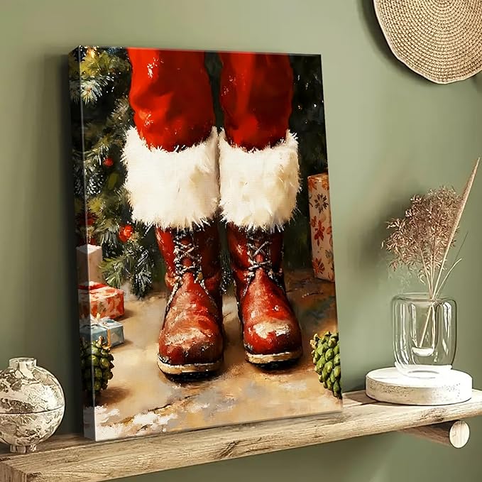 Vintage Christmas Boots Canvas Wall Art - Rustic Winter Wall Art Framed Print for Farmhouse Living Room, Cozy Christmas Wall Decor with Red Accents, Ideal Christmas Gifts & Festive