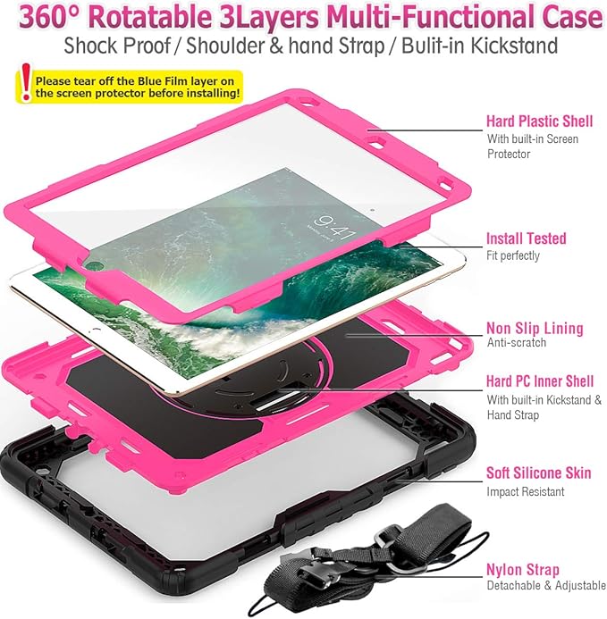 SEYMAC stock Case for iPad Air 3 2019 / Pro 10.5'' with Screen Protector Pen Holder [360° Rotate Hand Strap/Stand], Drop-Proof Case (Rose+Black)
