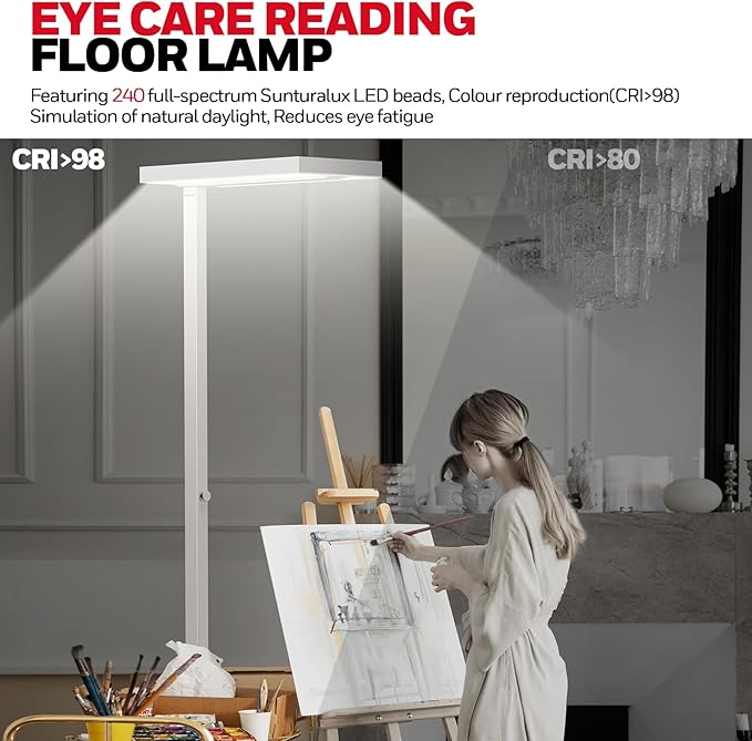 Honeywell 6000LM LED Floor Lamp, 02E Sunturalux Eye-Caring Reading Standing Light, 60W Modern Natural Daylight 4000K Dimmable 77" Tall Floor Lamps for Living Room Kids Study Home Office White