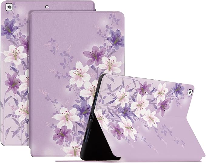 Case for iPad 5th Generation 9.7-Inch (2017) and Case iPad (2018 6th)/iPad Air 2/iPad Air for Girls Women Multi-Angle Viewing Stand Smart Back Protective Cover Auto Wake/Sleep Purple Flower