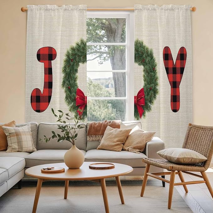 Red Green Christmas Window Curtains 72 Inch Long 2 Panel Set, Rod Pocket Long