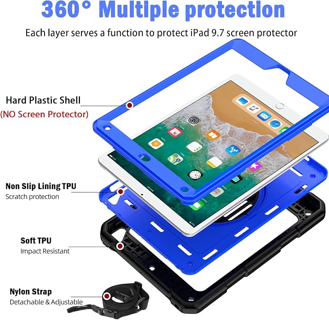 BMOUO Case for iPad 6th/5th Generation Case (9.7 inch 2018/2017) 360°Rotating Stand Hand/Shoulder Strap Shockproof iPad 9.7” Case for iPad Air 2 Black
