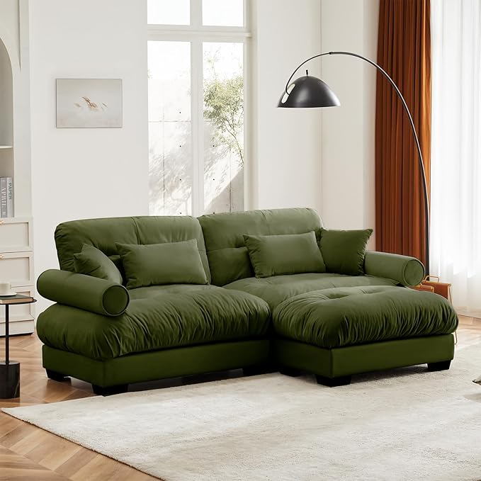 93.7" Loveseat Sofa, 2 Seater Modular Sectional Sofa, Olive Large L Shaped Sectional Couches for Living Room, Fluffy Couch, Love Seat, Velvet Cloud Couch with Ottoman, Deep Seat Sofas for Living Home