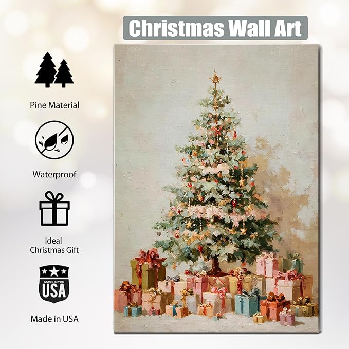 Vintage Evergreen Tree Christmas Canvas Wall Art - Rustic Pine with Gifts Framed Canvas Prints for Kitchen & Bathroom, Cozy Christmas Wall Decor, Ideal Christmas Gifts & Winter Decor