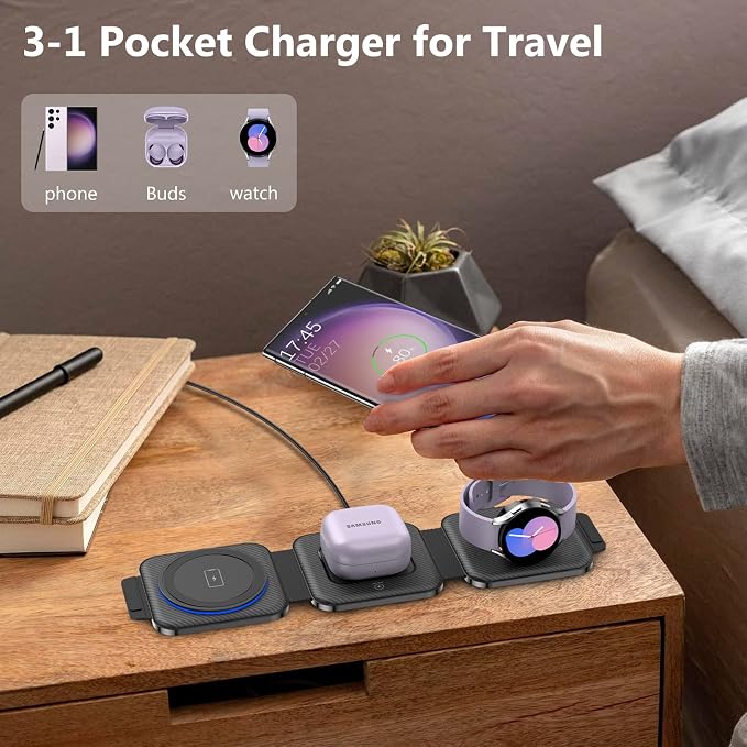 Travel Charger for Samsung Multi Devices Foldable 3 in 1 Wireless Charging Station Fast Charging Stand/Pad Compatible for Samsung Galaxy S26/S25/S24/S23/Note20 GalaxyWatch8/7/6 Galaxy Buds4