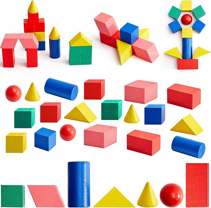 Deekin 70 Pcs Wood Geometric Solid Mini 3D Shapes Wooden Block Bulk for Teaching Classroom Manipulatives Elementary Shape Block for Toddler Kid Geometry Math Kindergarten Preschool Learning (Geometry)