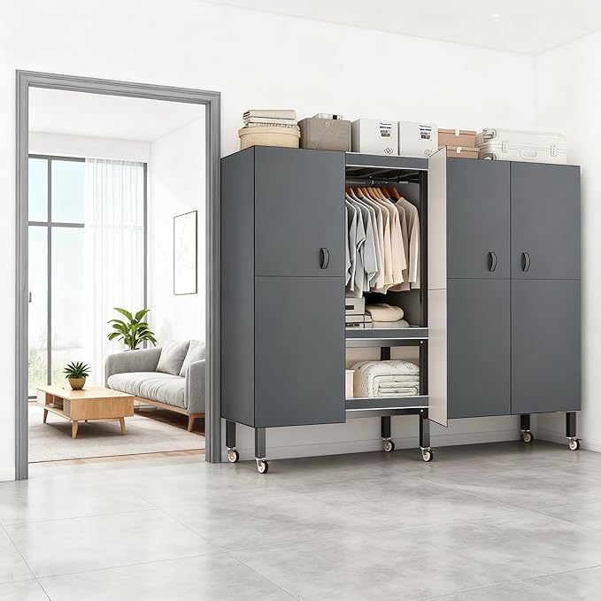 Foldable Portable Armoire Wardrobe Closet for Hanging Clothes Rack, Heavy Duty Covered Clothes Rack with Cover(HARDBOARD Magnetic), Closet Garment Rack for Bedroom Storage (KT Grey, 49.21in)