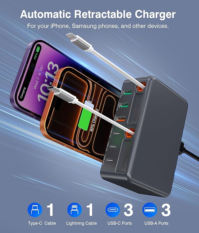 2026 Updated USB-C Fast Charging Station, 120W GaN 8-Port Retractable Charger Adapter, Includes 2.3ft Lightning+Type-C Dual Cable, Wall Charger Block Plug Cube for iPhone 17/16/15,iPad,Pixel, Galaxy