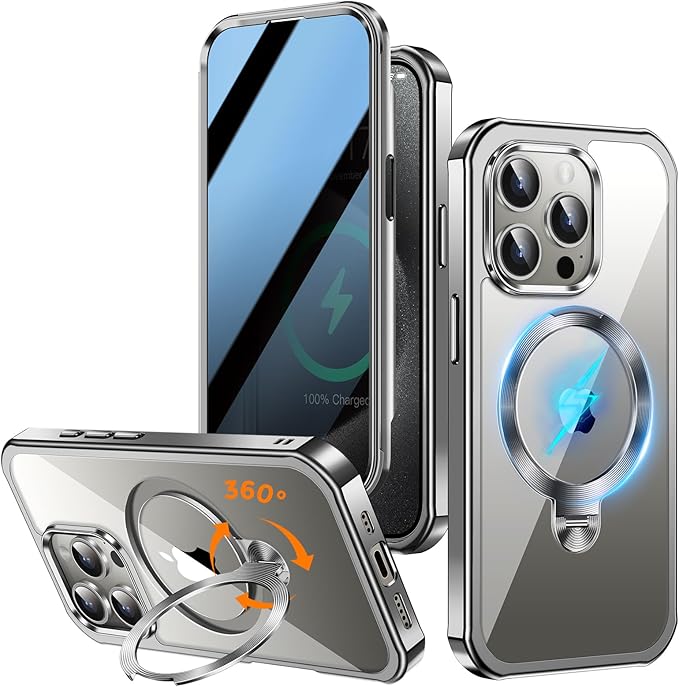 [360° Rotatable CD Stand & Built-in Privacy Screen Magnetic Case for iPhone 15 Pro Max[Compatible with MagSafe&Full Signal] Mil-Grade Shockproof Full Body Anti-Spy Cover for 15 Pro Max-Gray
