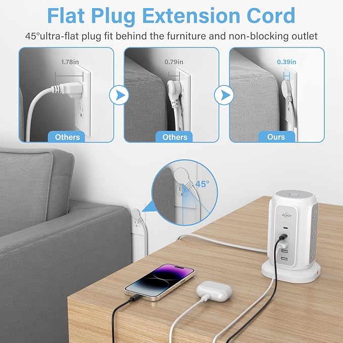 AiJoy Flat Plug Power Strip Tower 9 Outlets and 5 USB Ports (2 USB-C), 1200J Surge Protection, 6.5ft 1625W Extension Cord Charging Station for Home Office Supplies, Dorm Room Essentials