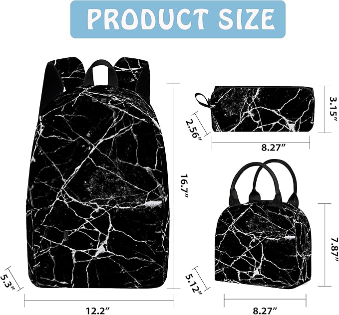 3PCS Marble Backpack Set for Teens Elementary Middle High School, 17 Inch Lightweight Classic Backpack 3 in 1 Set for Girls Boys, Kids Back to School Backpack with Lunch Box Pencil Case